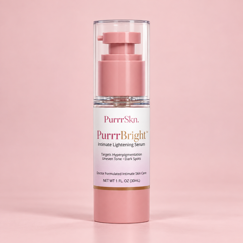 PurrrBright serum on blush pink background