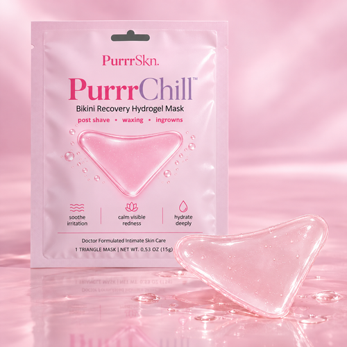 PurrrChill hydrogel bikini mask with product packaging