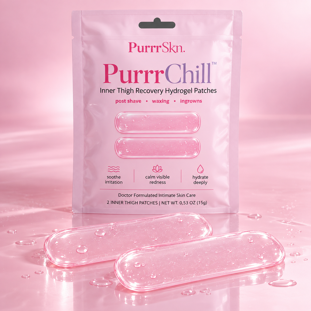 PurrrChill inner thigh hydrogel patches with product packaging