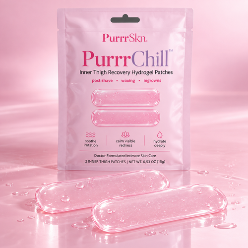 PurrrChill inner thigh hydrogel patches with product packaging