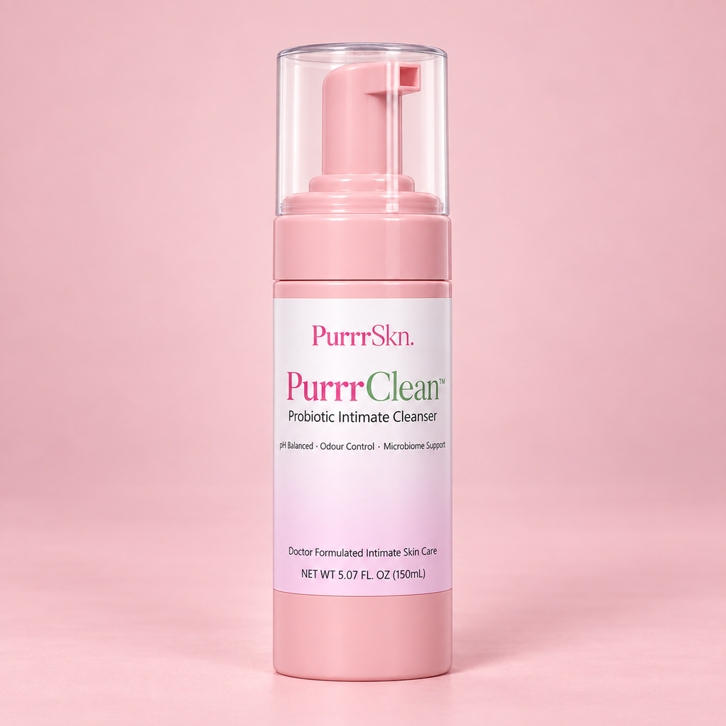 PurrrClean probiotic intimate cleanser on blush pink background
