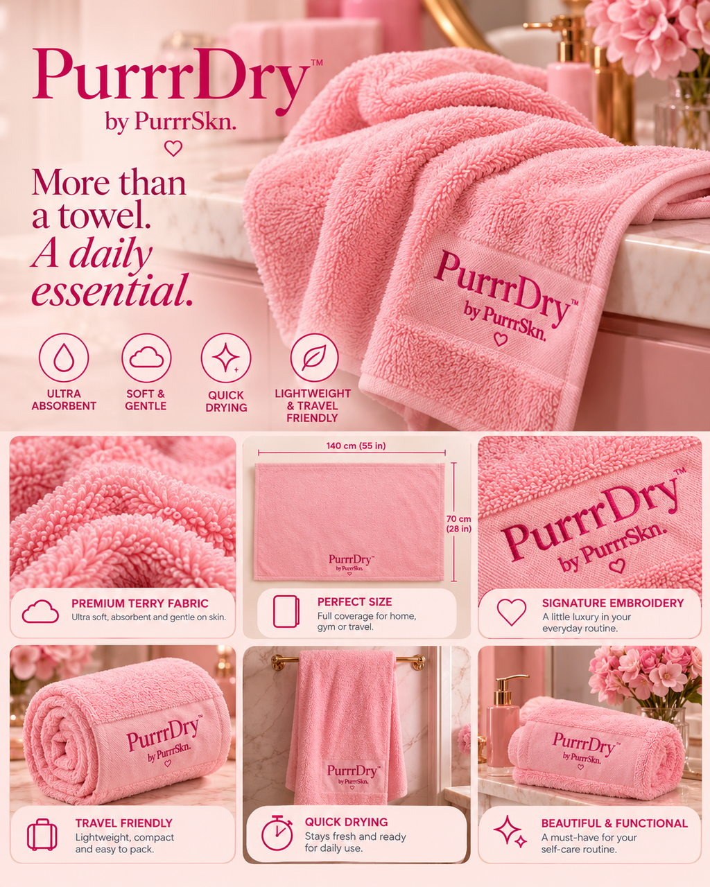 PurrrDry pink towel detail graphic showing premium terry texture, size, quick drying and travel-friendly features
