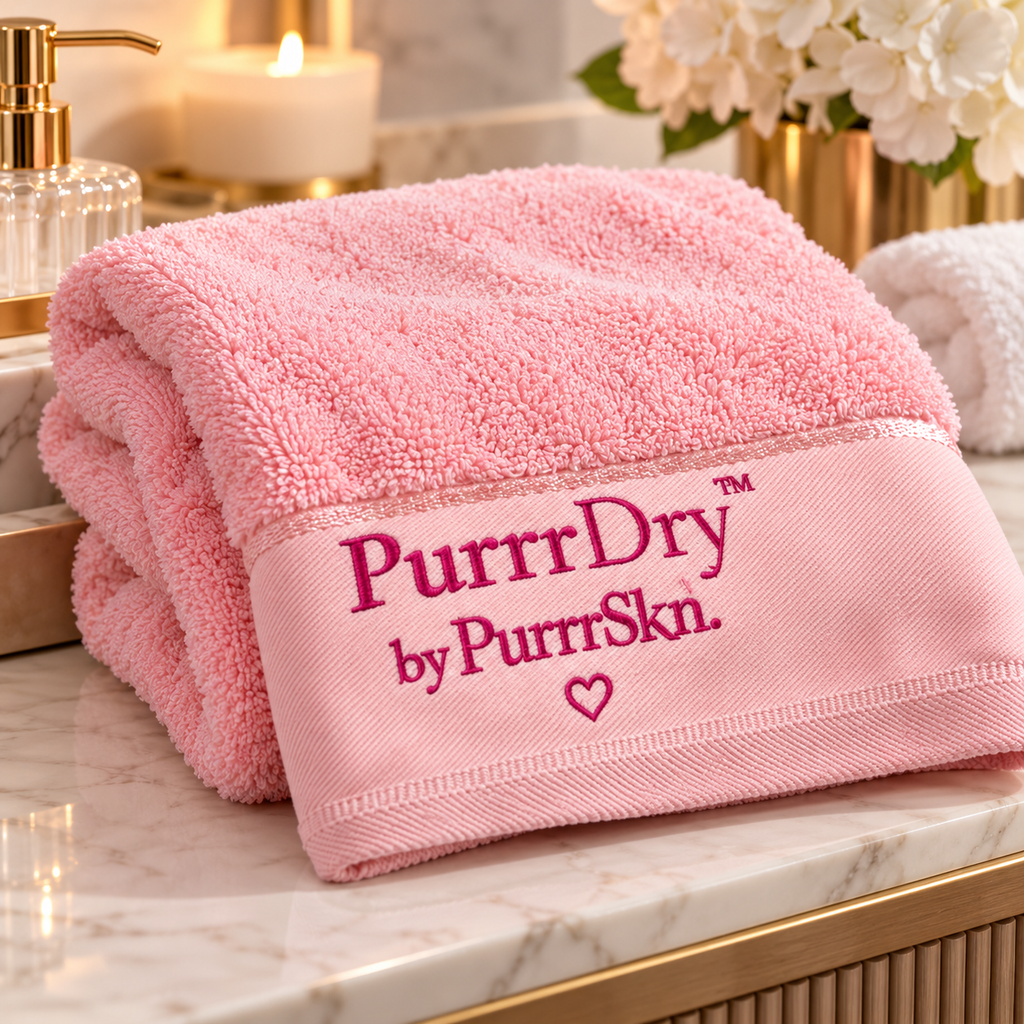 PurrrDry pink cotton towel styled in a luxury bathroom setting