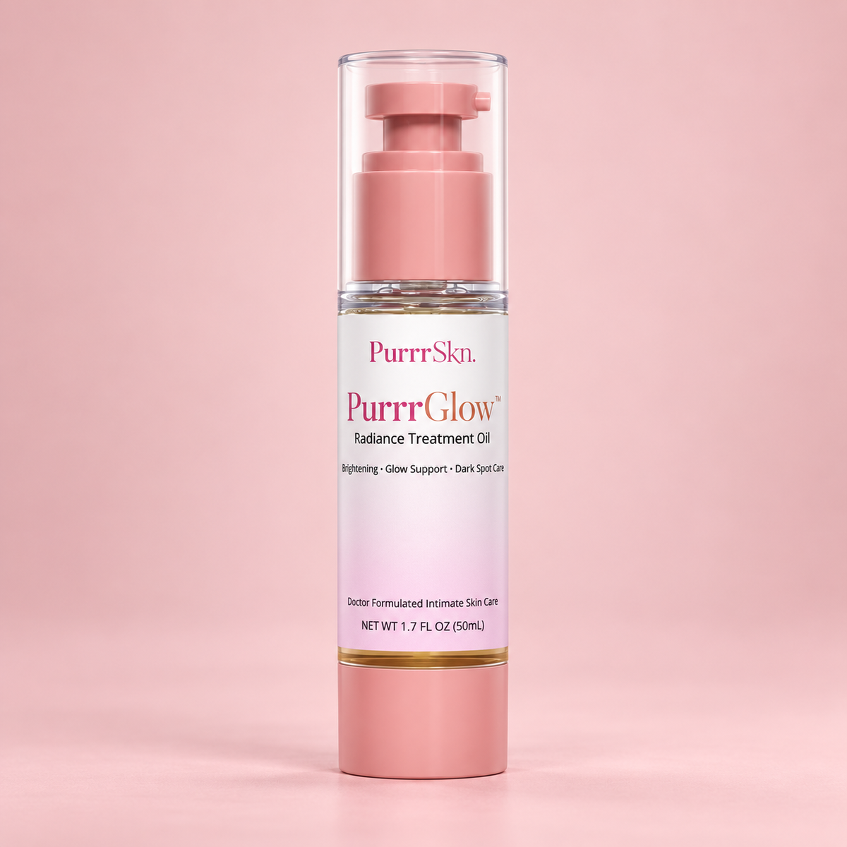PurrrGlow radiance treatment oil on blush pink background