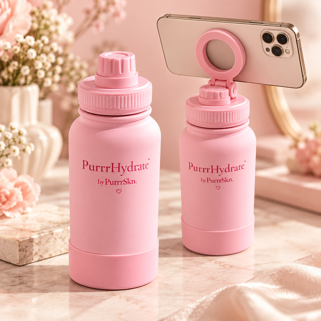 PurrrHydrate 650 mL pink water bottle with built-in phone holder