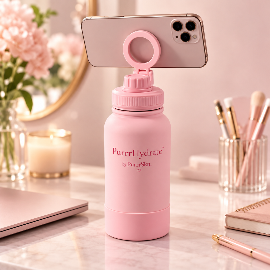 PurrrHydrate pink water bottle using the built-in phone holder