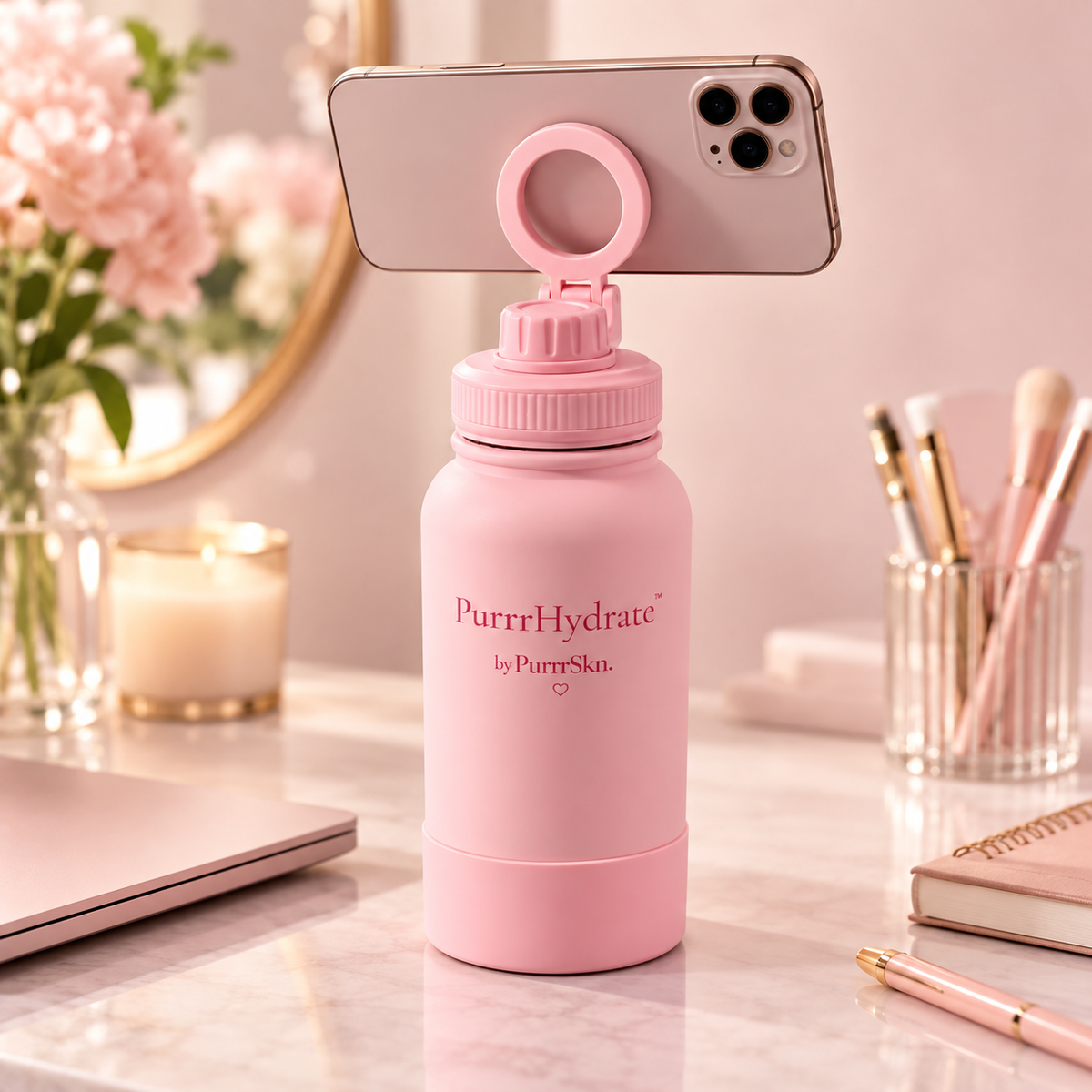 PurrrHydrate pink water bottle using the built-in phone holder