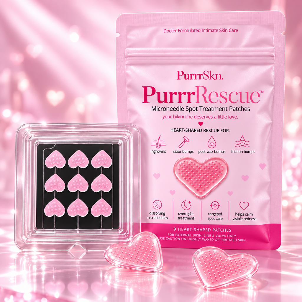 PurrrRescue microneedle spot treatment patches with nine heart-shaped patches on blush pink background