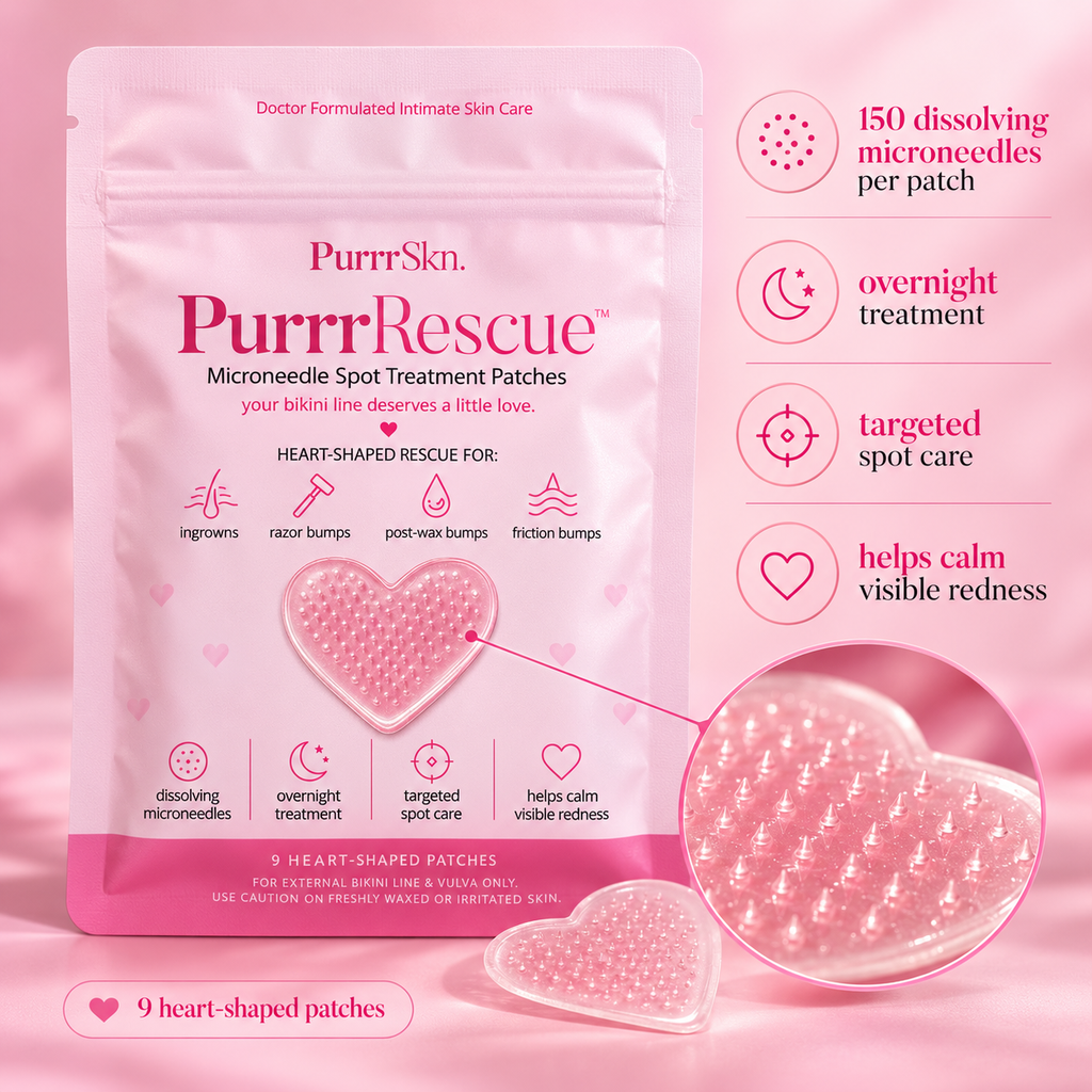 PurrrRescue microneedle heart patch detail graphic showing 150 dissolving microneedles per patch