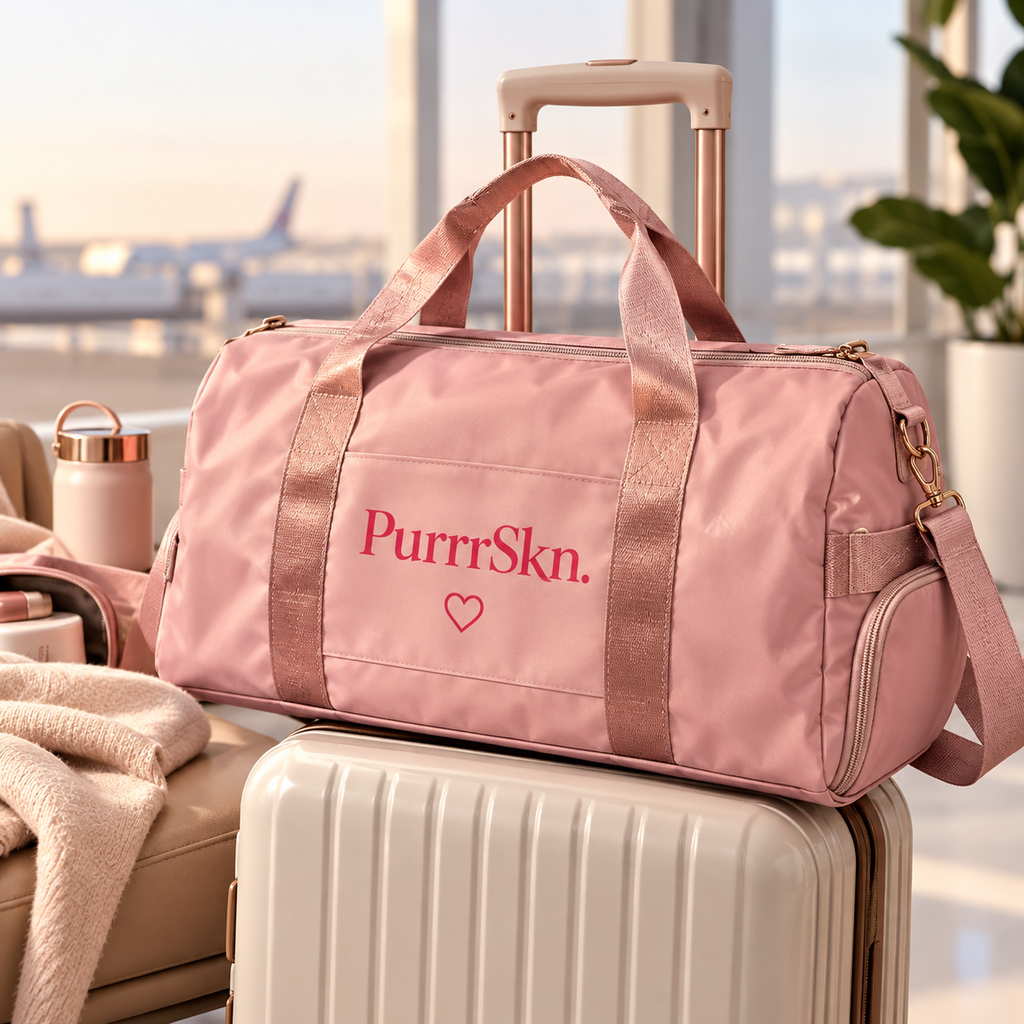 PurrrSkn blush duffel bag on luggage in a travel setting