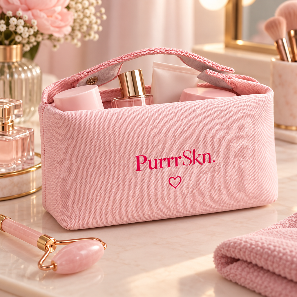 PurrrSkn Travel Pouch styled on a blush vanity with beauty essentials
