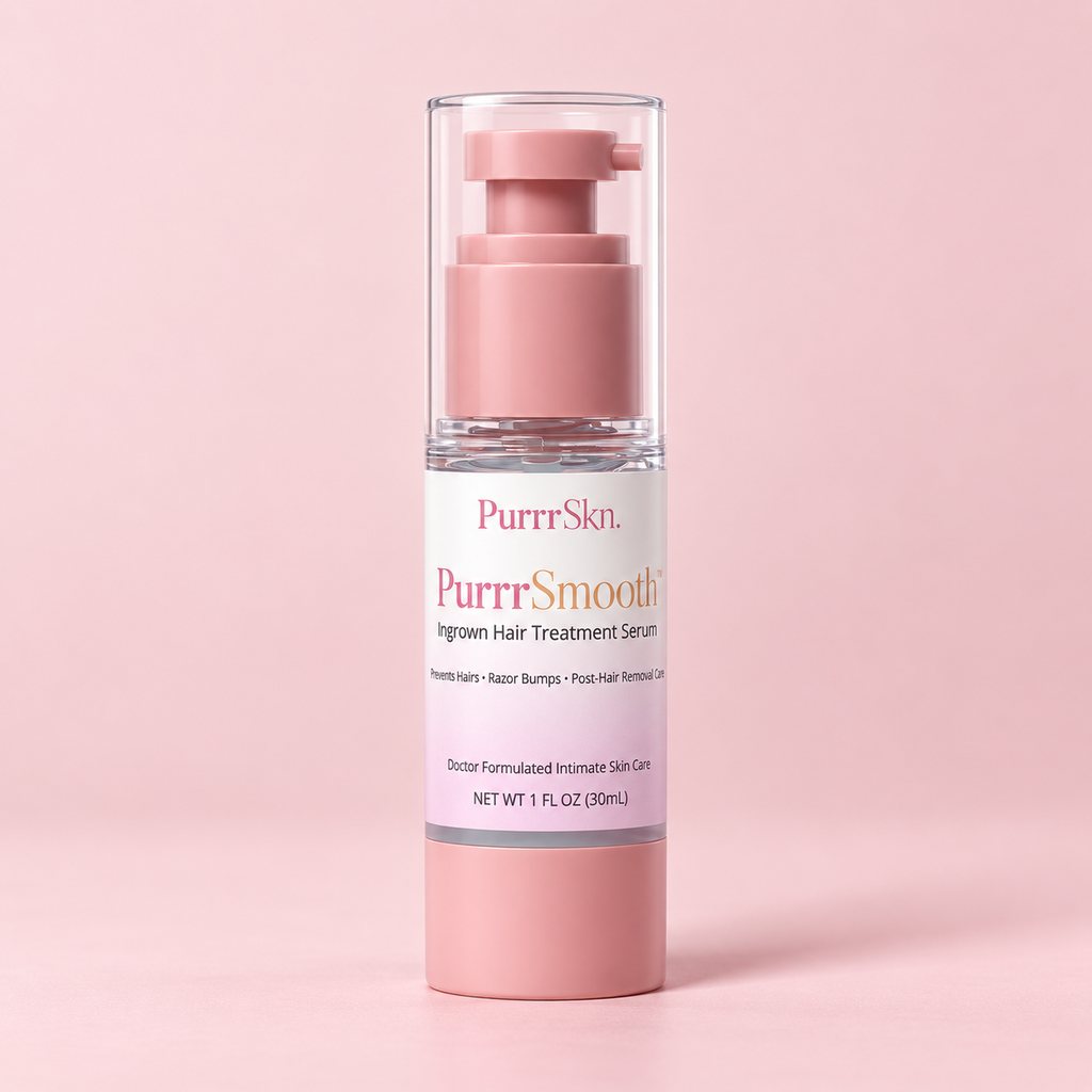 PurrrSmooth ingrown hair treatment serum on blush pink background