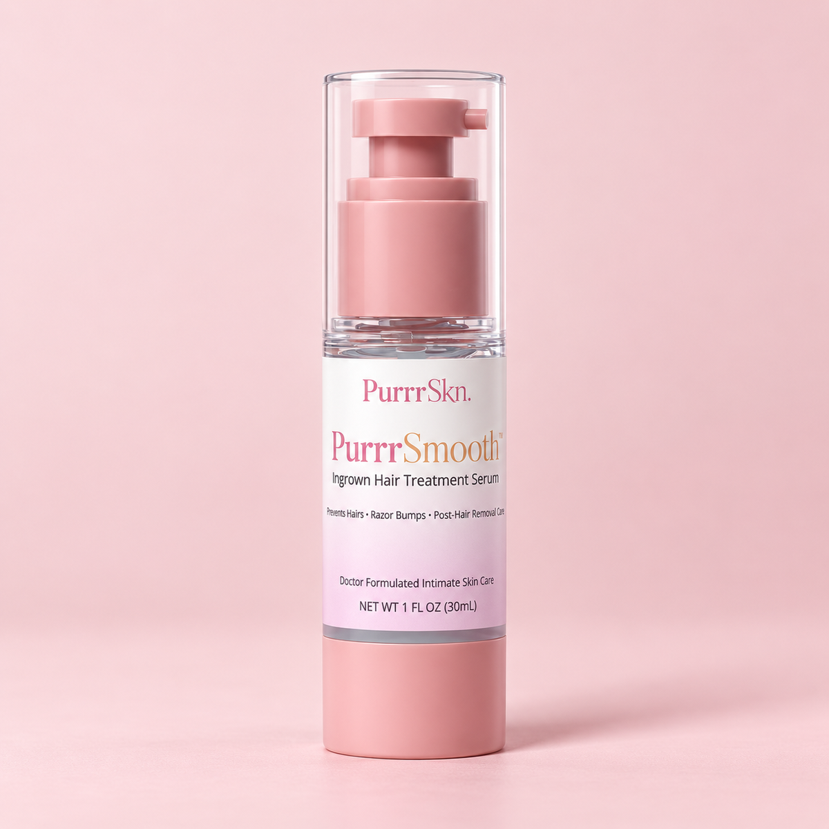 PurrrSmooth ingrown hair treatment serum on blush pink background